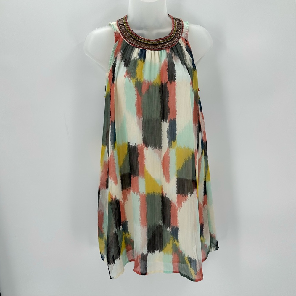 Anthropologie HD in Paris Swing Dress Sz 2P Beaded Collar Watercolor Brushstroke